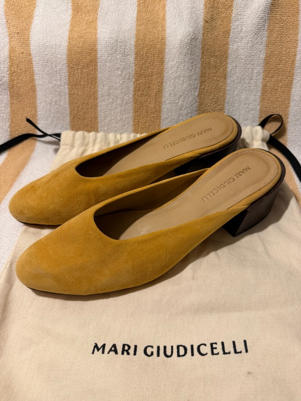 Mari Giudicelli Mustard Suede Low Block Heel Mules